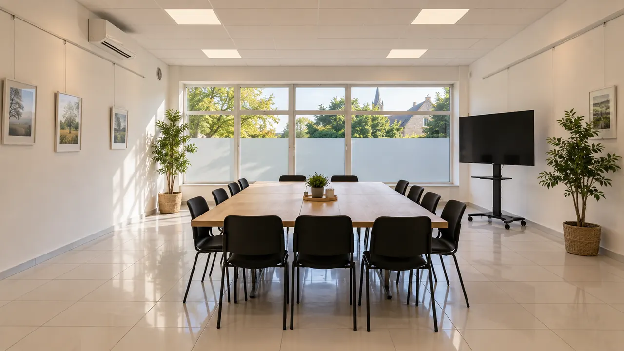 Visuel d'illustration : la salle aménagée pour une réunion autour d'une grande table