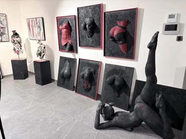 La salle Et Pourquoi Pas pendant l’exposition de L’Anartiste : tableaux en relief aux cimaises, sculptures sur socles