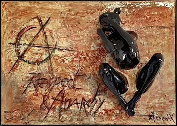 Tableau « Respect & Anarchy » de L’Anartiste : lettrage peint et sculpture noire laquée sur fond rouge et or