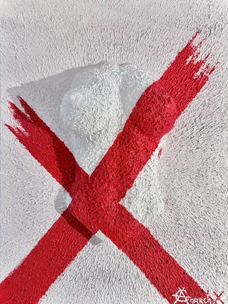 Toile en relief blanche barrée d’une large croix rouge